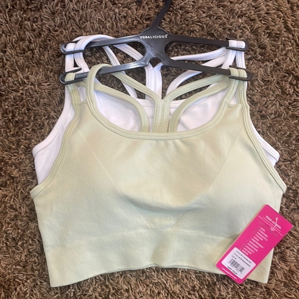 Yogalicious Aloe Wash White 2pk Seamless Long Line Sports Bra Tops Strappy Back